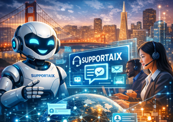 Illustration of office workers operating computers with "SupportAIx" on screens for customer support.