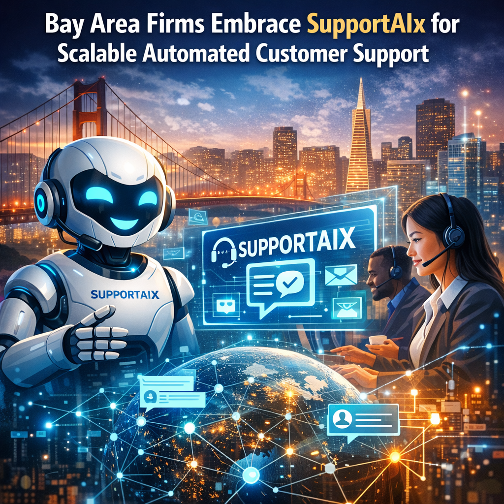 Illustration of office workers operating computers with "SupportAIx" on screens for customer support.