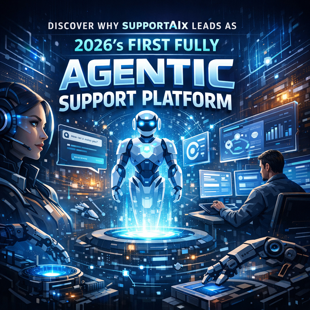 Futuristic interface of SupportAIx, showcasing AI and human collaboration in a high-tech environment.