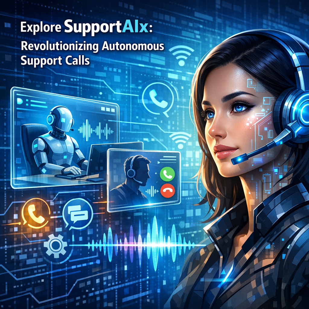 "Meet the future of customer service with SupportAIx Voice Agent, your 24/7 solution to smart, autonomous support!" Illustration of a futuristic AI voice agent interacting with multiple virtual interfaces.