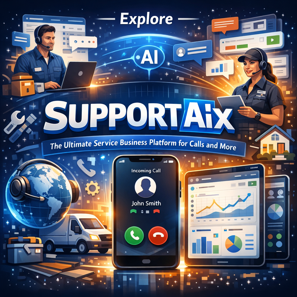 A digital interface showing SupportAIx analytics dashboard with various service metrics and call data.