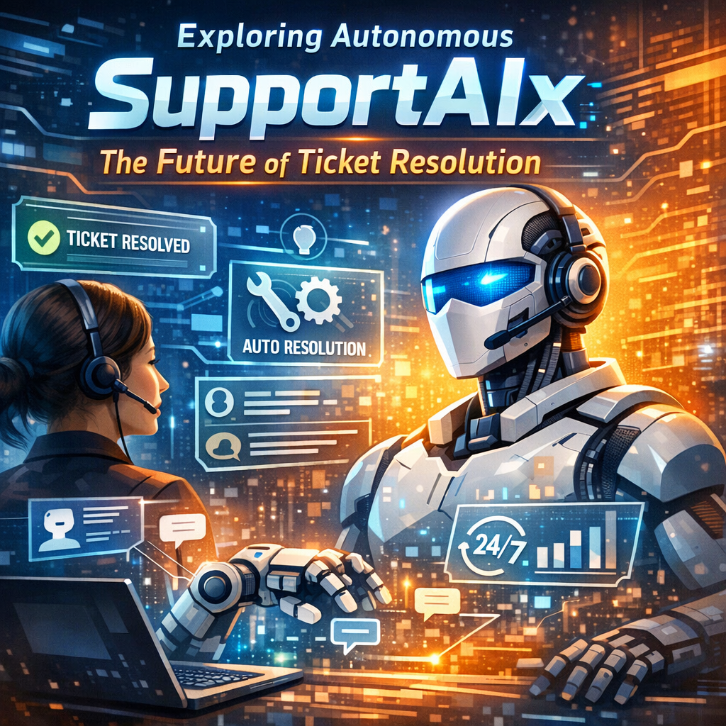 Graphic of AI technology interface showing automated ticket resolution process.