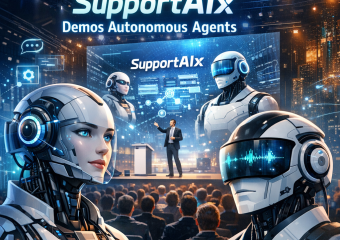 Futuristic AI robots and a presenter at Agentic World Summit demonstrating autonomous support agents.