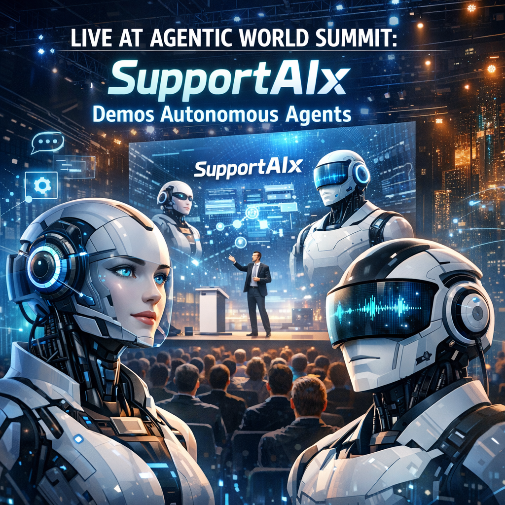 Futuristic AI robots and a presenter at Agentic World Summit demonstrating autonomous support agents.