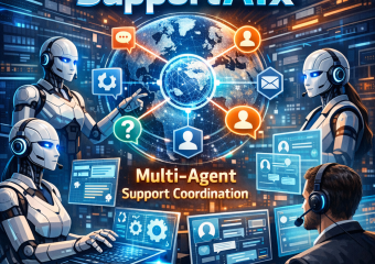 Illustration of a futuristic AI control panel with multiple agents coordinating customer service tasks.