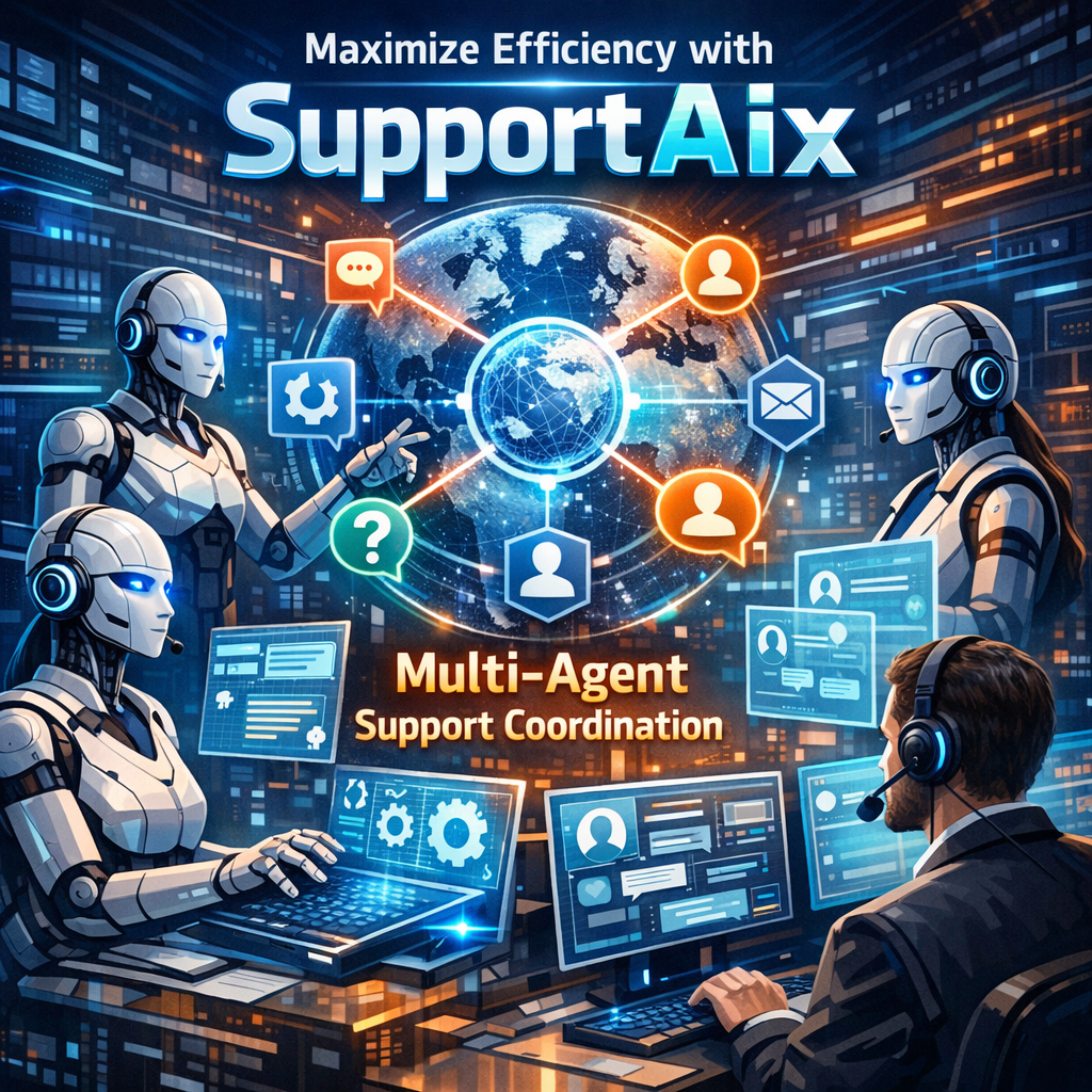 Illustration of a futuristic AI control panel with multiple agents coordinating customer service tasks.