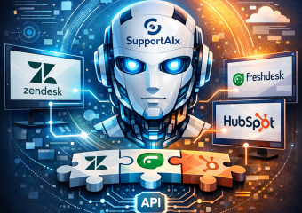 Diagrams showing SupportAIx integrated with Zendesk, Freshdesk, and HubSpot APIs for customer support.
