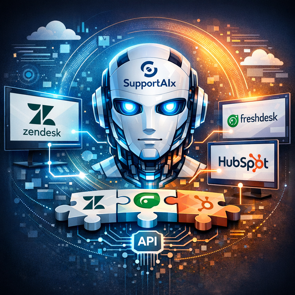 Diagrams showing SupportAIx integrated with Zendesk, Freshdesk, and HubSpot APIs for customer support.