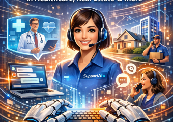 Graphic showing a timeline with icons: healthcare, real estate, and AI technology, illustrating SupportAIx's impact on suppor
