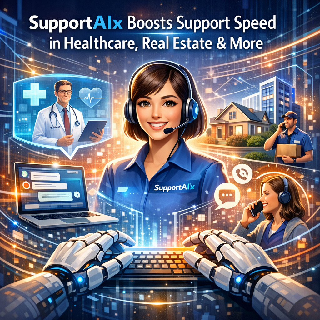 Graphic showing a timeline with icons: healthcare, real estate, and AI technology, illustrating SupportAIx's impact on suppor