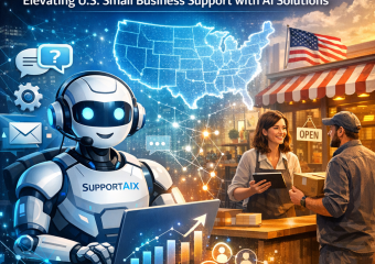 A smiling small business owner uses a laptop, displaying AI customer support charts.