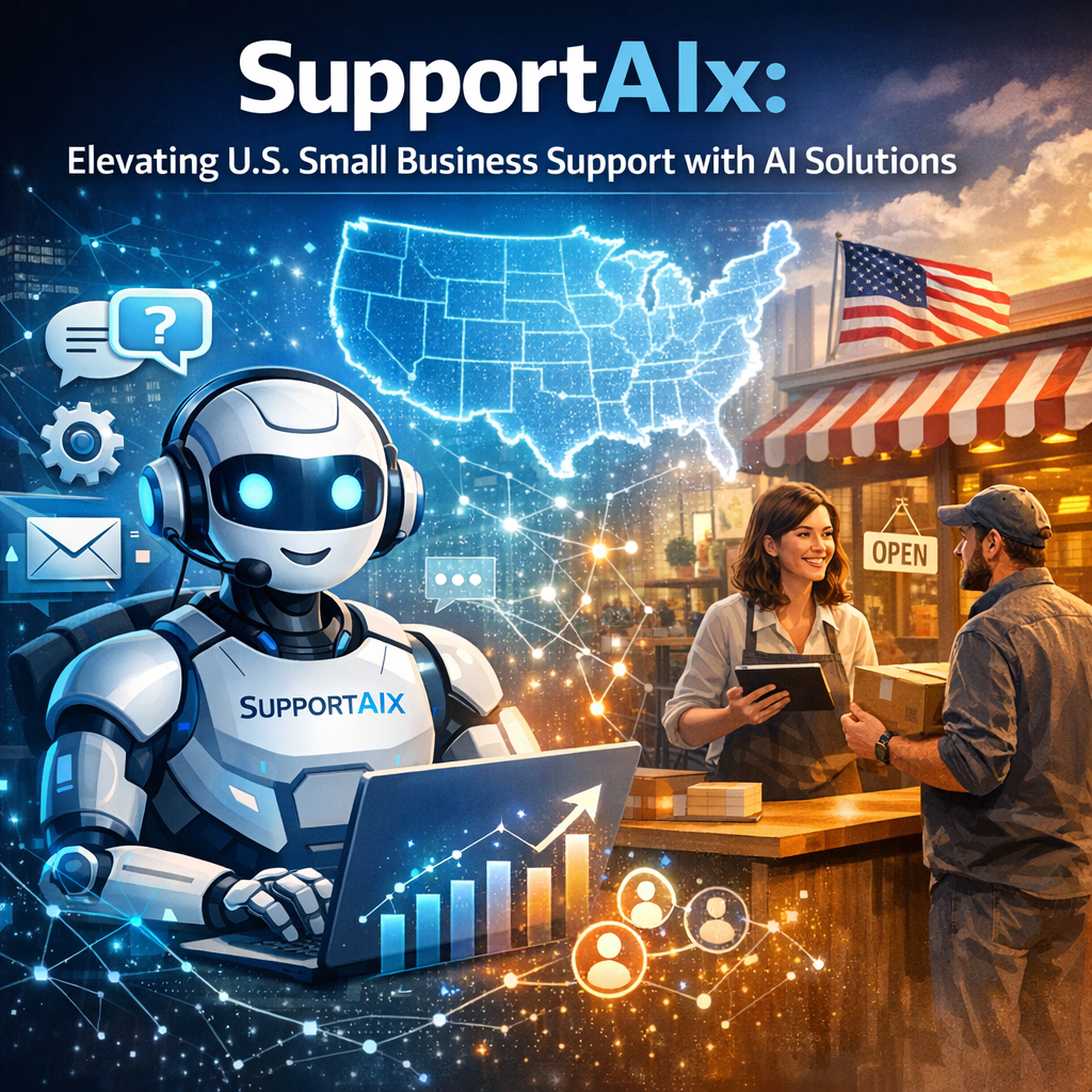 A smiling small business owner uses a laptop, displaying AI customer support charts.