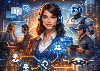 Illustration of a humanoid robot assisting a human with customer service, symbolizing agentic intelligence.