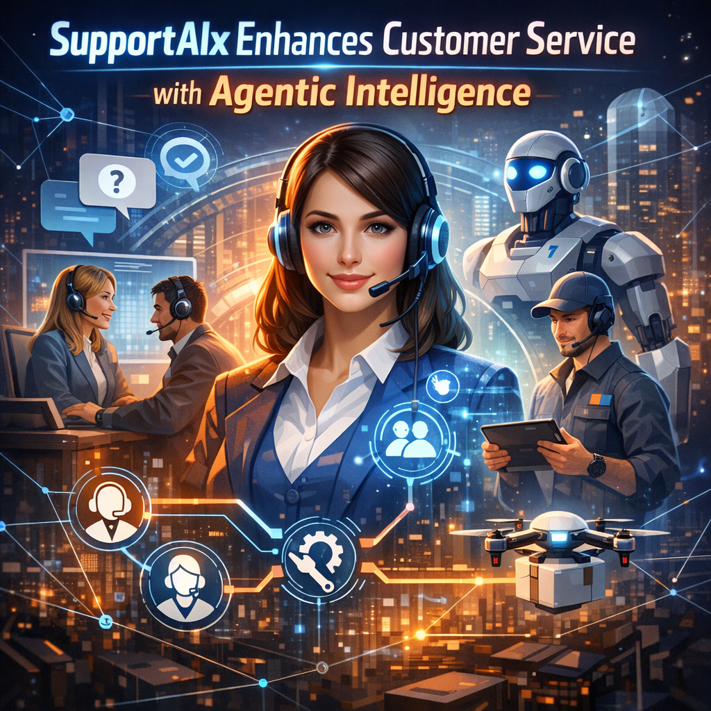 Illustration of a humanoid robot assisting a human with customer service, symbolizing agentic intelligence.