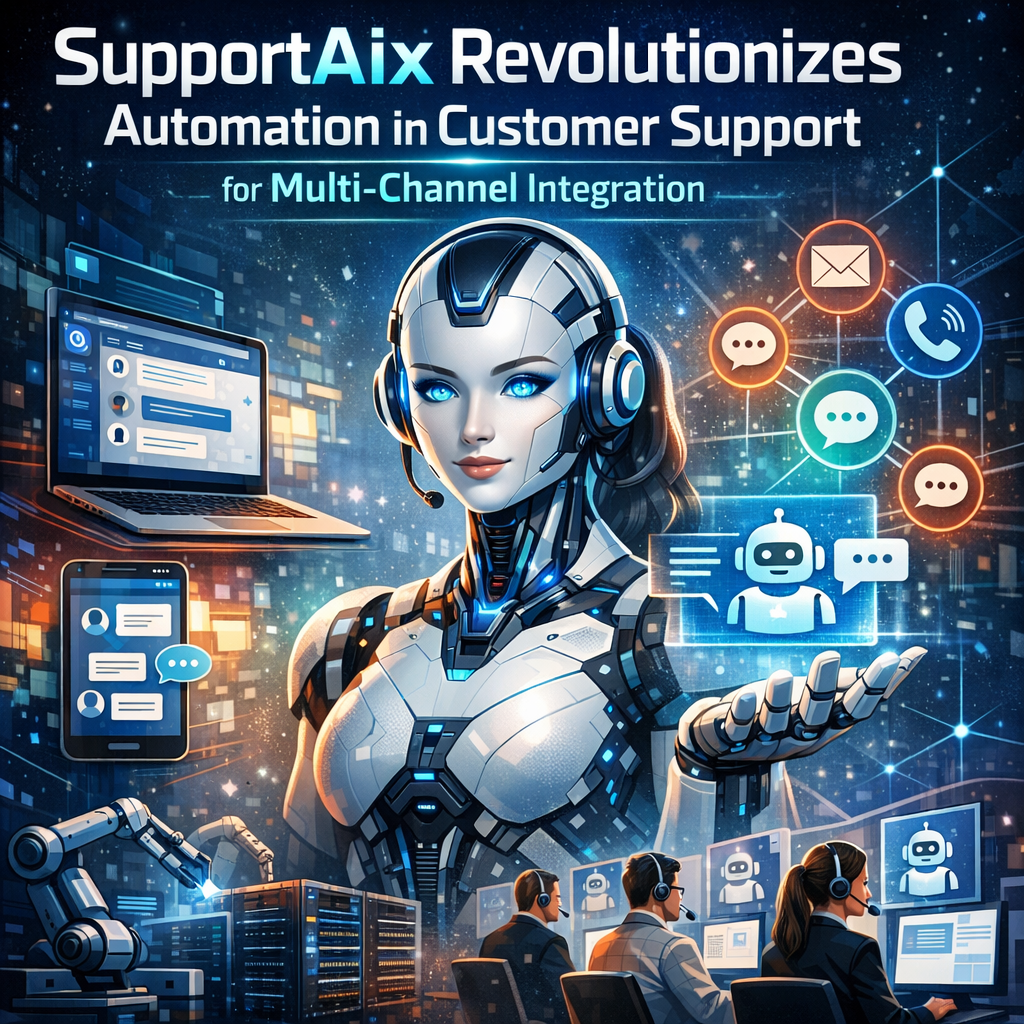 Futuristic AI robot with multiple digital screens displaying various customer support channels.