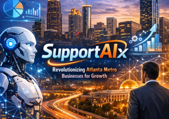 "SupportAIx logo over Atlanta skyline with digital network connections symbolizing AI growth."