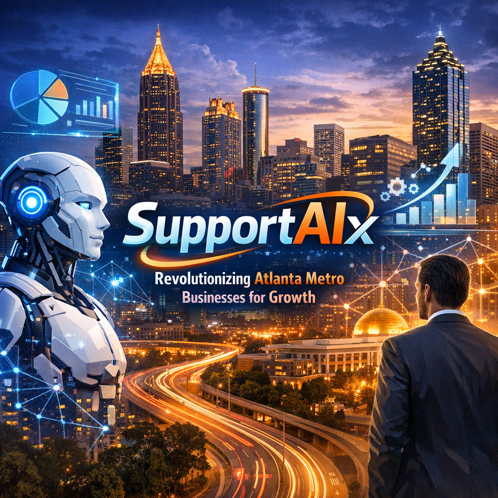 "SupportAIx logo over Atlanta skyline with digital network connections symbolizing AI growth."