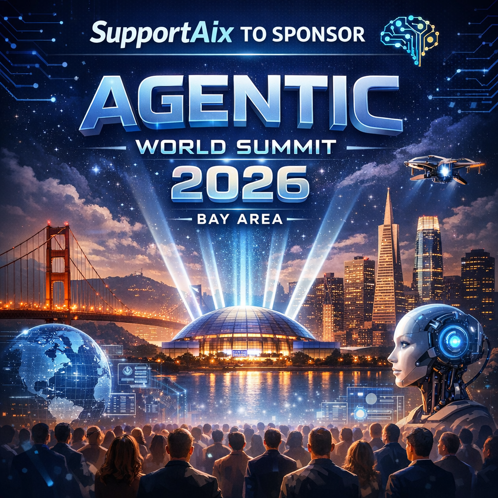 Futuristic poster with "Agentic World Summit 2026, Bay Area" text, sponsored by SupportAIx, featuring dynamic, abstract art.