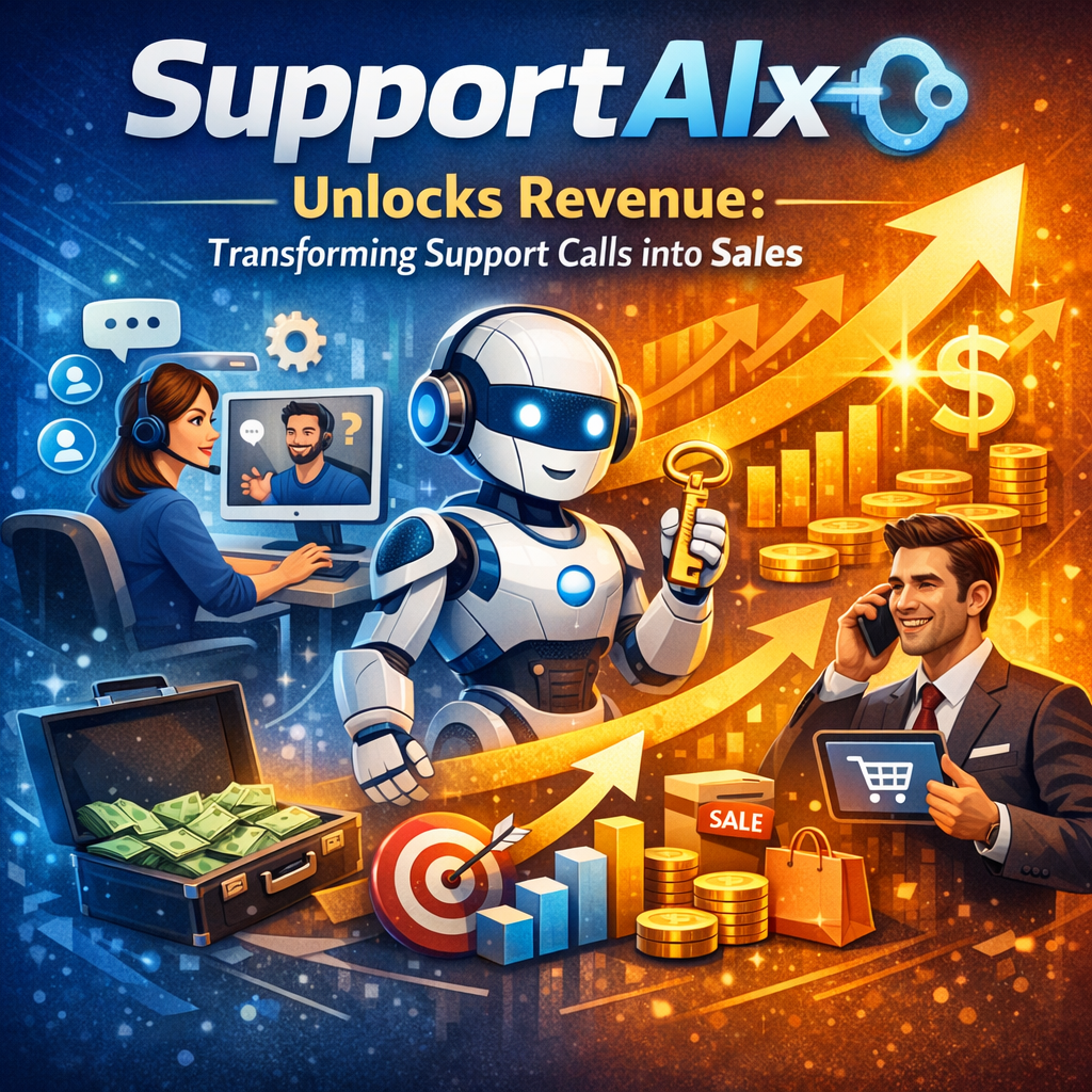 Graphic showing an upward trend graph labeled "Revenue Growth" with icons of phones and dollar signs, symbolizing sales conve