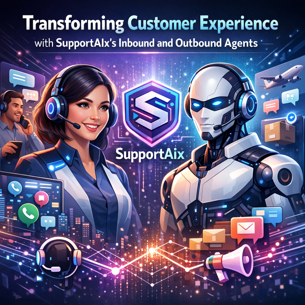 A digital illustration of an AI-powered virtual agent assisting multiple customers simultaneously.