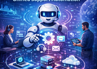 AI robot integrating with digital technology for SupportAIx's support automation platform.