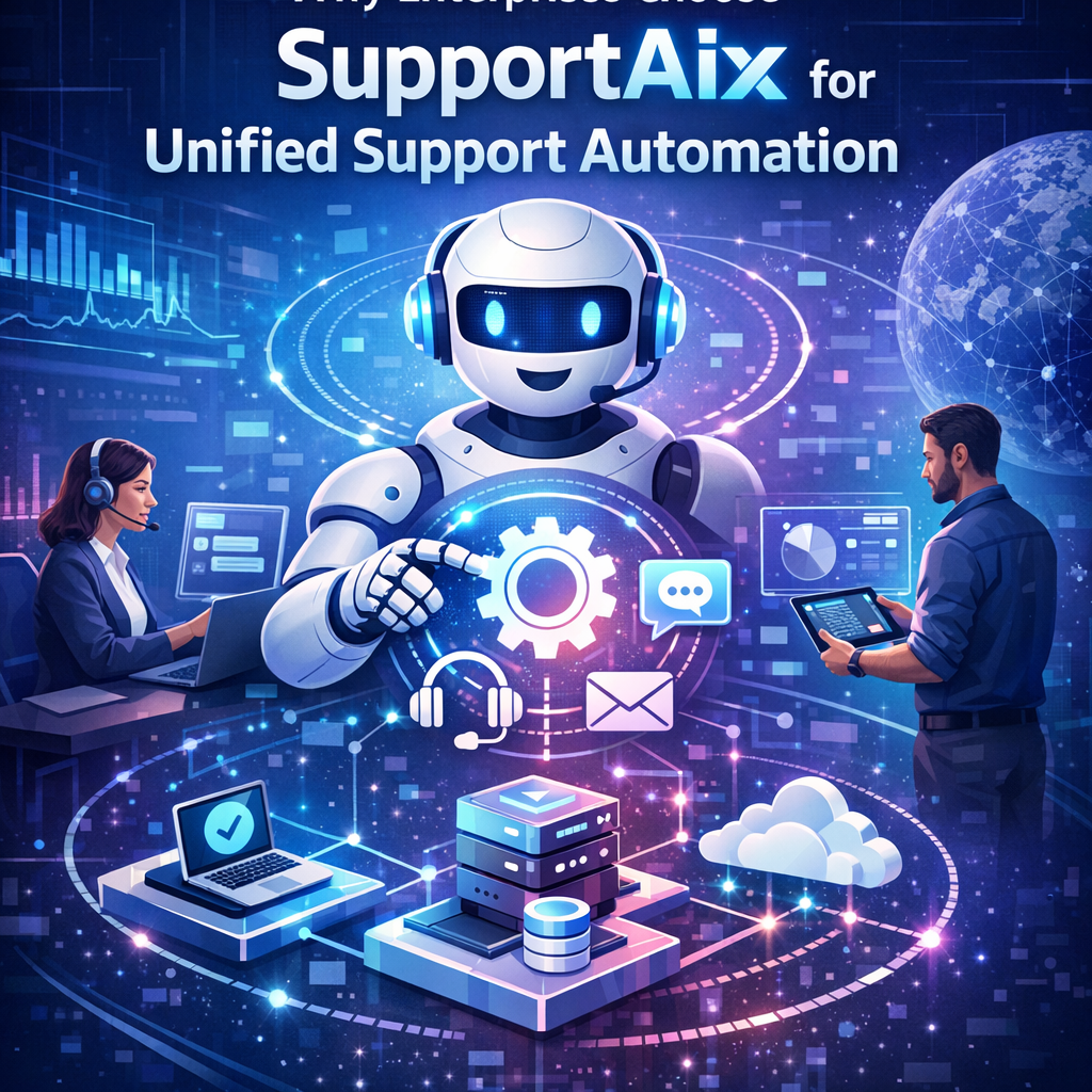 AI robot integrating with digital technology for SupportAIx's support automation platform.